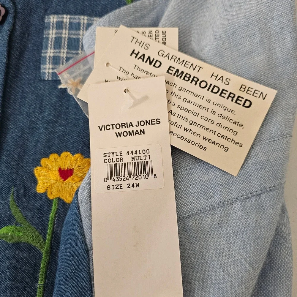 Vintage 90s Victoria Jones 24W Denim Vest Hand Embroidered Patchwork Floral NWT